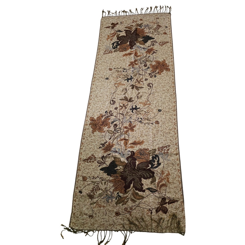 Pashmina 90%‎ Cashmere 10% Silk Long Floral Scarf Shawl Wrap Brown Gold Fringe - Picture 3 of 13